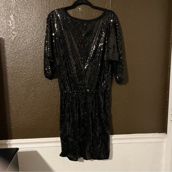 Sequin Black Midi Cocktail Dress with Half Length Sleeves, Karen Kane Size XL - Picture 5 of 7